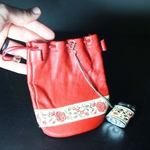 Vintage Red Leather Rose Pull-String Pouch